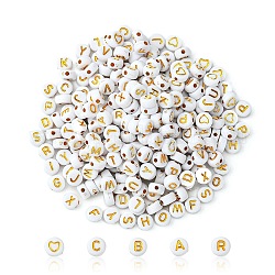 Perle acriliche bianche opache di 300 pz 2 stili, metallo allacciati, piatta e rotonda con le lettere, oro placcato, 7x3.5~4mm, Foro: 1.5~1.8 mm