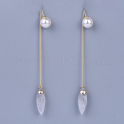 Hilos de oreja de cristal de cuarzo natural, con aretes de latón y tuercas de acrílico con perlas, real 18k chapado en oro, 108~111 mm (tuercas de oreja no incluidas), pin: 0.8 mm