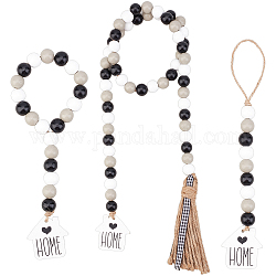 Gorgecraft 3pcs 3 style guirlande de perles en bois, décoration pendentif, perles de prière murales, avec pendentif en forme de maison et pompon en jute, noir, 250~1030mm, 1pc / style