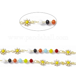 Handmade Brass Enamel Daisy Flower Link Chains, with Colorful Glass Beaded, Soldered, with Spool, Real 18K Gold Plated, Flower: 10x7.5x2mm, 4.5x3.5mm