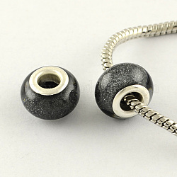 Large Hole Acrylic European Beads, with Silver Color Plated Brass Double Cores, Rondelle, Black, 14x9mm, Hole: 5mm