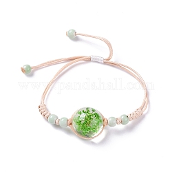 Bracelet à maillons de fleurs pressées à sec fait à la main pour fille femme, bracelet réglable en perles de verre babysbreath, verte, diamètre intérieur: 5/8~ 3-1/8 pouce (1.5~7.9 cm)