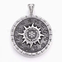 304 Stainless Steel Big Pendants, Flat Round with Constellation, Antique Silver, 53.5x42x9mm, Hole: 8.5x6mm