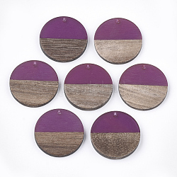 Pendentifs en résine & en bois, plat rond, support violet rouge, 28.5x3.5~4mm, Trou: 1.5mm