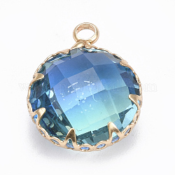 Pendentifs en verre K9, imitation de tourmaline, avec les accessoires en laiton, facette, plat rond, or, bleu profond du ciel, 16x12.5x6.5mm, Trou: 1.5mm