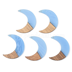 Ciondoli in resina opaca e legno di noce, luna, blu fiordaliso, 38x30x3mm, Foro: 2 mm