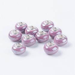 Handgemachte Porzellan europäischen Perlen, mit silberner Farbe Messing-Doppelkerne, Rondell, lila, 15x10~11 mm, Bohrung: 5 mm