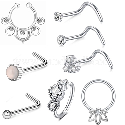 8Pcs 8 Style Clear Cubic Zirconia Fishtail & L-shape & Hoop Nose Rings Set, 316 Surgical Stainless Steel Nose Piercing Jewelry for Women, Stainless Steel Color, 2mm, Pin: 0.8mm, 1Pc/style
