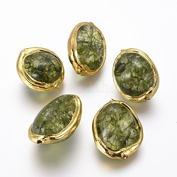 Perles de cristal de quartz naturel teintées, avec les accessoires en laiton, pépites, or, vert olive, 20~28x17~19x11~16mm, Trou: 1.2mm