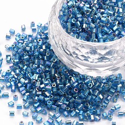 Perline di tromba in vetro, arcobaleno di colori foderati d'argento, Blue Steel, 2.5~3x2mm, Foro: 0.9 mm, circa 15000pcs/libbra
