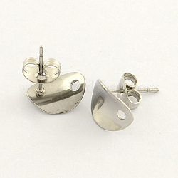 Accessoires de clous d'oreilles ovales en 304 acier inoxydable, avec boucle, couleur inoxydable, 11x8.5mm, Trou: 1.5mm, pin: 0.8 mm