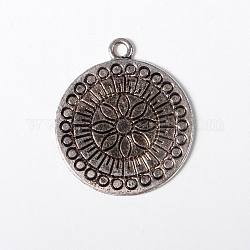 Tibetan Style Alloy Pendant, Flat round, Antique Silver, Lead Free & Cadmium Free, 32x27x1.5mm, Hole: 2mm