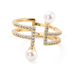 Double Line Cubic Zirconia Cuff Ring for Women, Real 18K Gold Plated Brass Wide Band Open Ring with Imitation Pearl, Cadmium Free & Lead Free, Clear, US Size 6 1/2(16.9mm)