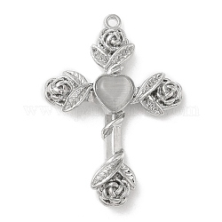Alliage avec pendentifs en verre, croix avec breloques roses, platine, couleur d'argent, 35x25x5mm, Trou: 1.4mm