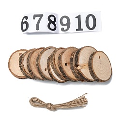 Flat Round Wood Big Pendant Decorations, with Hemp Rope and Paper Number Stickers, BurlyWood, 56~66x50~63x7.5~10mm, Hole: 5.5mm, Hemp Rope: 255x1mm, 10pcs/bag