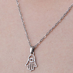 201 Stainless Steel Hamsa Hand with Evil Eye Pendant Necklace, Stainless Steel Color, 17.72 inch(45cm)