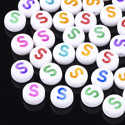 Initial Acrylic Beads, Horizontal Hole, Flat Round, Mixed Color, Letter.S, 7x3.5~4mm, Hole: 1.2mm, about 3700pcs/500g