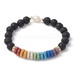 Bracelet extensible en perles de lave naturelles teintes et perles, colorées, diamètre intérieur: 2 pouce (5.1 cm)