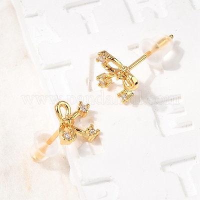 Серьги-гвоздики с бантом из латуни с микропаве из прозрачных кубических цирконий EJEW-C158-14B-G-1