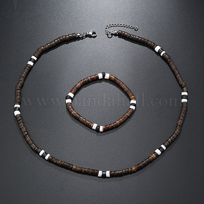 Комплекты ожерелий и браслетов из скорлупы кокоса в стиле бохо с синтетической бирюзой в форме ронделей FS-WG8D889-04-1