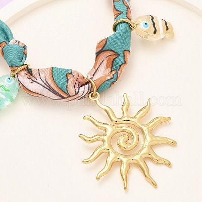 Женские шарфы-ожерелья из полиэстера с подвеской в виде рыбы и солнца из нержавеющей стали 304 и смолы NJEW-D340-03G-1