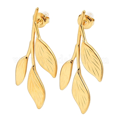 Серьги-гвоздики из нержавеющей стали 304 в форме листа EJEW-P332-02G-1