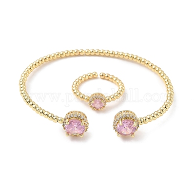 Круглые латунные браслеты-манжеты и кольца с микропаве из кубического циркония для женщин SJEW-R002-01G-06-1