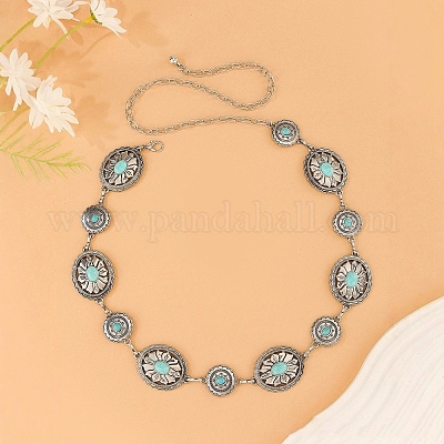 Цепочки для талии и живота из сплава с овальным цветком и окрашенной синтетической бирюзой для женщин FS-WG9F428-02-1