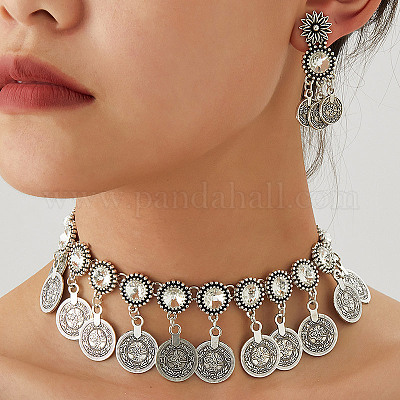 Комплекты из ожерелий с кисточками и серег-гвоздиков из сплава со стразами и круглыми монетами FS-WG925BB-03-1