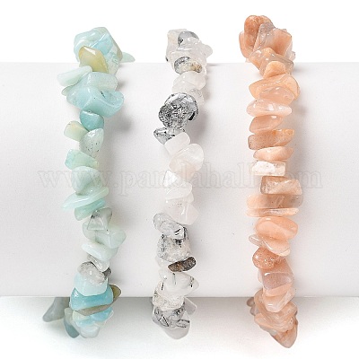Чипсы натуральный рутиловый кварц и цветочные браслеты из амазонита и солнечного камня из бусинок стрейч-стрейч X-BJEW-JB05332-06-1