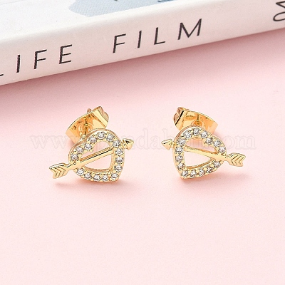 Серьги-гвоздики из латуни с микро-паве и прозрачным фианитом в форме сердца EJEW-Z144-12G-1