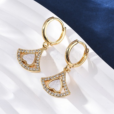 Серьги-кольца с веером в форме сердца из латуни с микропаве из прозрачных кубических цирконий KK-D363-13G-1