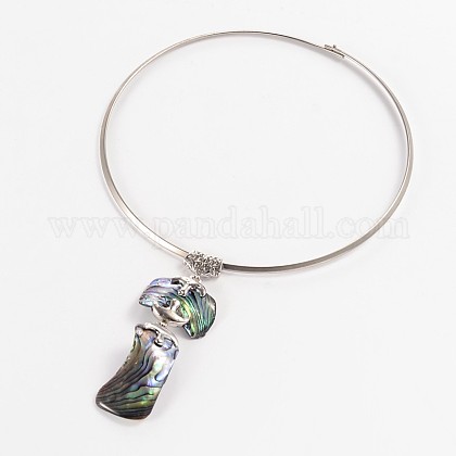 Brass Paua Shell Pendant Choker Necklaces NJEW-P120-01-1