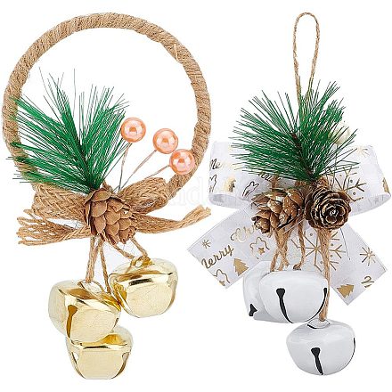 GORGECRAFT 2 Colors Christmas Tree Jingle Bell Ornament Metal Pine Berry Pinecones Bell Bow Door Hanger Hanging Pendant Bell with Rope Ring for Indoor Outdoor Xmas Home Sleigh Decor Gold White HJEW-GF0001-34-1