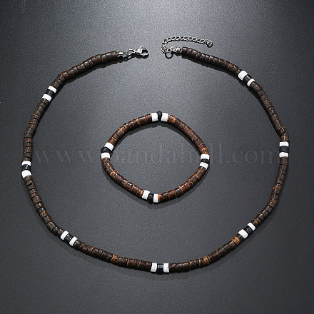 Комплекты ожерелий и браслетов из скорлупы кокоса в стиле бохо с синтетической бирюзой в форме ронделей FS-WG8D889-04-1