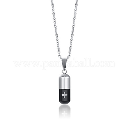 Two Tone 316L Stainless Steel Pill with Cross Urn Ashes Pendant Necklace with Cable Chains BOTT-PW0001-010PEB-1