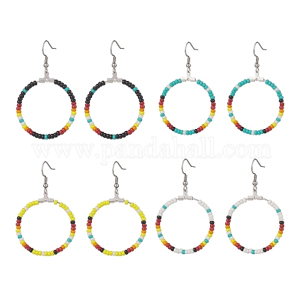 4 paio di orecchini pendenti a cerchio grande con perline di semi di vetro a 4 colori EJEW-TA00178-1
