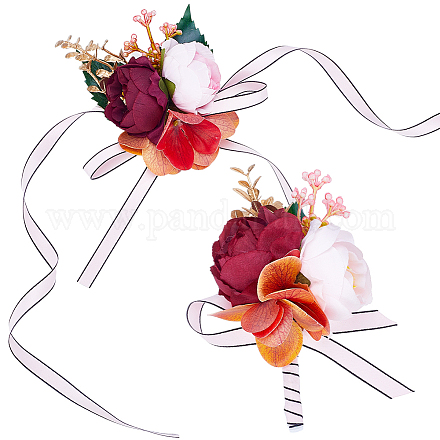 Craspire 2 Uds. 2 estilos de tela de seda y ramillete de muñeca de imitación de flores de plástico y ramillete en el ojal AJEW-CP0007-26A-1