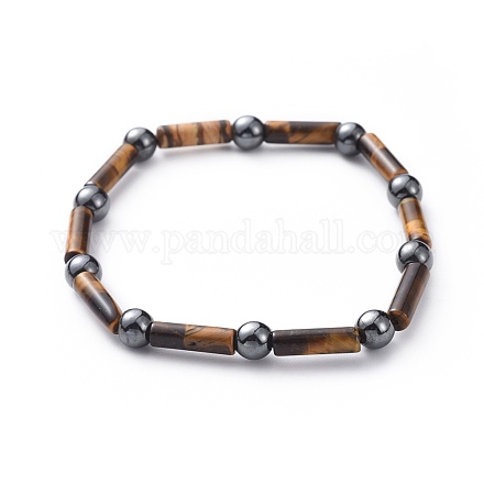 Oeil de tigre naturel et bracelets extensibles en perles d'hématite synthétique non magnétique BJEW-JB04691-03-1