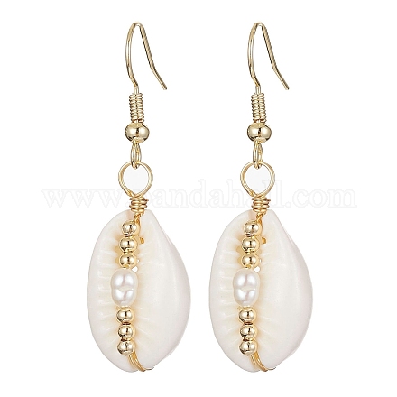 Boucles d'oreilles pendantes en coquillages et perles naturelles EJEW-JE05435-1