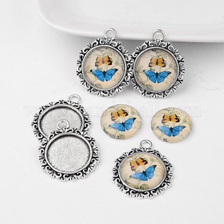 Antique Silver Alloy Pendant Cabochon Bezel Settings and Butterfly Printed Glass Cabochons TIBEP-X0179-C37-1