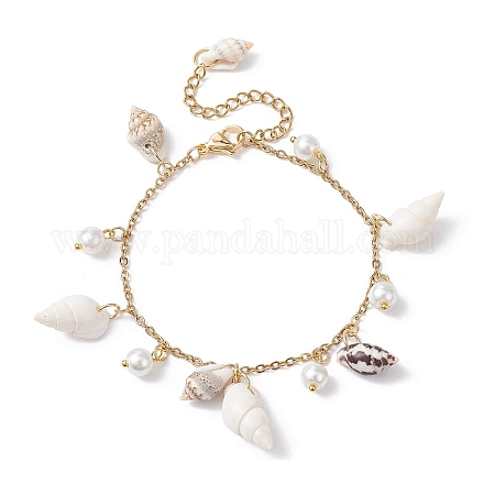 Pulseras con dijes de perlas de vidrio y concha en espiral natural BJEW-JB09973-1