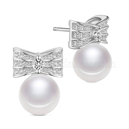 SHEGRACE 925 Sterling Silver Earrings with Shell Pearl and AAA Zirconia Bowknot JE622A-1