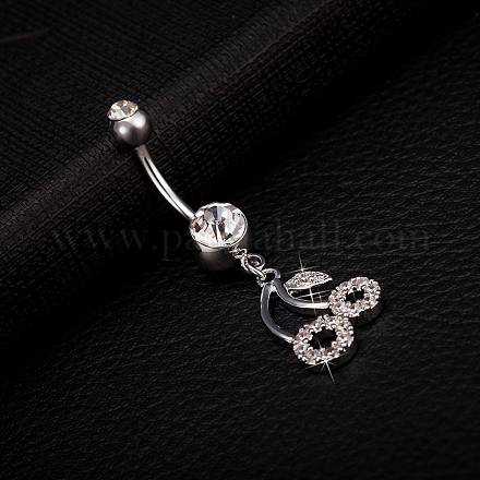 Real Platinum Plated Brass Rhinestone Cherry Navel Ring Belly Rings AJEW-EE0001-72A-1