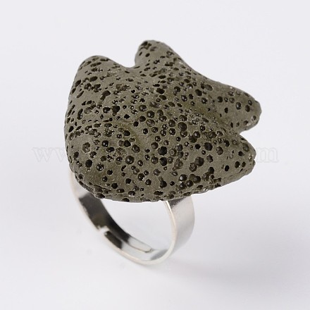 調整可能な魚の溶岩岩の宝石用原石の指輪  プラチナメッキ真鍮パーツ  ダークオリーブグリーン  19mm RJEW-I015-09-1