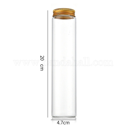 コラムガラススクリュートップビーズ貯蔵チューブ  アルミニウム製の口が付いた透明なガラス瓶  ゴールドカラー  4.7x20cm  容量：260ml（8.79fl.oz） CON-WH0086-094J-02-1