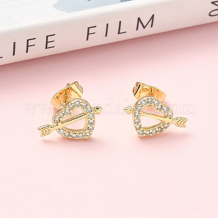 Серьги-гвоздики из латуни с микро-паве и прозрачным фианитом в форме сердца EJEW-Z144-12G-1