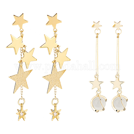 2 пара асимметричных серег в 2 стилях с планетами в форме кошачьего глаза и латунными звездами EJEW-AN0002-20-1