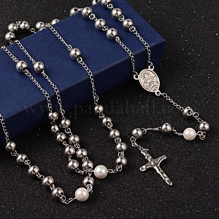 Cruz crucifijo 304 de acero inoxidable collares de abalorios del rosario NJEW-O096-33A-1