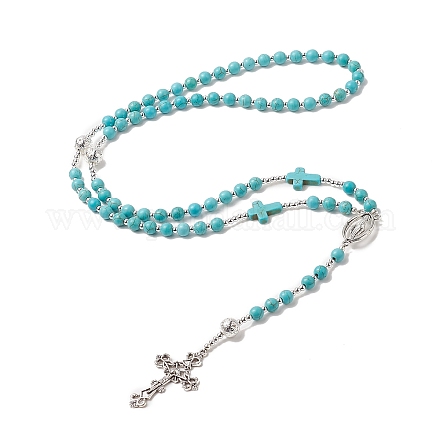 Natural Lava Rock & Synthetic Turquoise Rosary Bead Necklace NJEW-JN04237-01-1